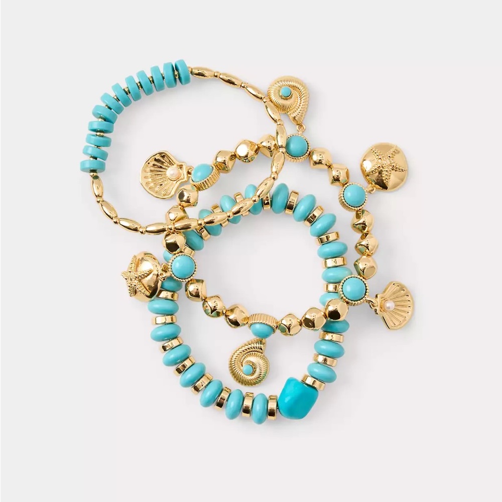 Lilly Pulitzer Shell Shine Gold-Tone Bracelet Stack Turquoise Beads set 3 $89